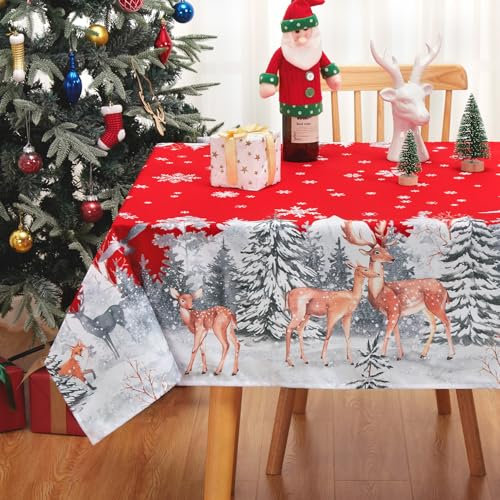 CAROMIO Weihnachten Tischdecke Abwaschbar Tischtuch für Feiertag Dekoration Wasserdicht Tischdecke mit Hirsh Druck Tafeldecke für Küche,137x200cm,Rot