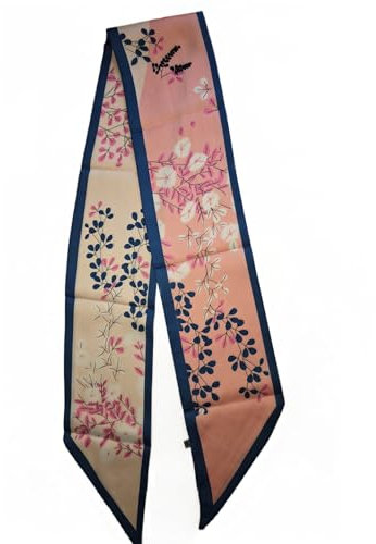 GIMIRO Satin Seidenschal 148 x 13,5 cm Krawatte Double Layer Bund für Blazer, Mantel, Kleid (87# Dark Blue - Cream - Pink Flower)