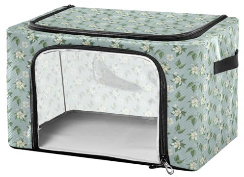 junzan Scatola portaoggetti pieghevole con 2 aperture sotto il letto, finestra trasparente, con coperchio, organizer sotto la scrivania, fiori ad acquerello