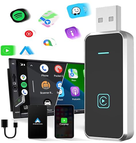 Lizbn Android Auto Wireless Carplay Adapter Uk,Plug&Play Easy Setup 2-in-1 Mini Wireless CarPlay Adapter Converts Factory Wired to Wireless with Extension USB/Type-C for iOS 10+/Android 11+