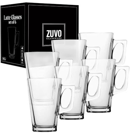 Zuvo Latte Glasses Set of 6 - Ideal 240 ml Heat Resilient Coffee Glasses for Ice Cream Latte, Expresso & Hot Chocolate (Glass, 6)