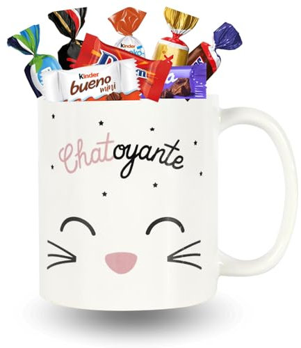 Mug Chat Chatoyante garni d'un Assortiment de 20 Chocolats CELEBRATIONS, MILKA, DAIM et KINDER | Coffret Original Prêt à Offrir