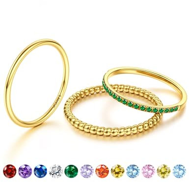 JeryWe Geburtssteinring - Dünne Stapelbare Goldringe für Damen, 14K Vergoldet, Nicht-Tarnierend mit CZ, Goldene Eheringe, Verlobungsringe und Wasserfeste SetsVielleicht ist es grün. 54