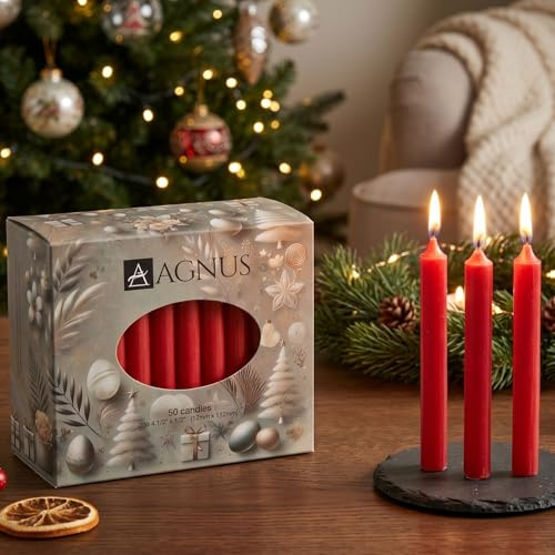50 Red Christingle Candles 4.5 100% Natural Baumkerzen Christingle Chime Pyramid Christmas Tree Candles – Smokeless, Dripless, Golden Flame – Household, Dinner Stick, Unscented, Christmas