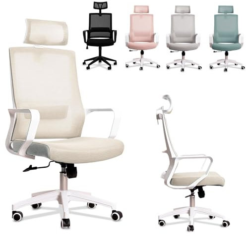 JUPPLIES Silla Escritorio Ergonomica - Silla Oficina Ajustable y Reclinable con Soporte Lumbar, Reposacabezas Ajustable, Malla Transpirable, Ruedas Giratorias 360° Soporta hasta 100kg (Beige)