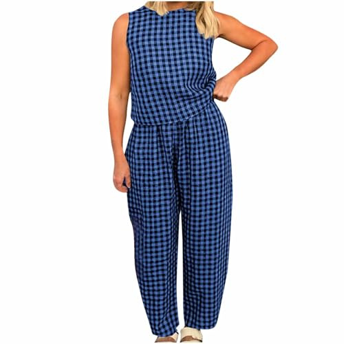 NSICBMNO Co Ord Sets Für Frauen Sommer Lounge Wear Sets Plaid Pyjama Ärmellos Weste Tops Baggy Hose 2-teilige Outfits Karierte Pj Bottoms Baumwoll Tops Casual Trainingsanzug Gym Outfits Streetwear