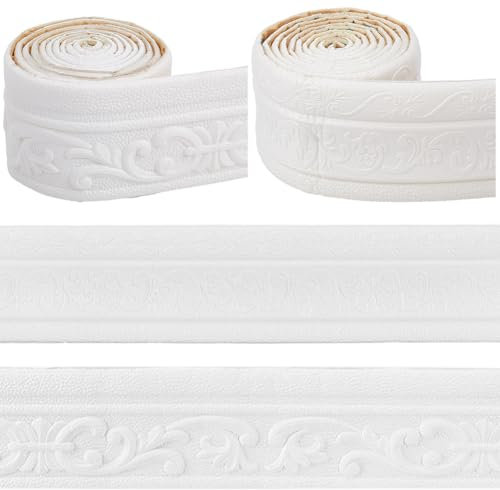 CRASPIRE 2 Rolls 171 Inch Wallpaper Border Peel and Stick Wall Molding Trim Self-Adhesive Flexible 3D Wall Edging Lines PVC Foam Baseboard Base Moulding Trim for Home Hotel Mirror Decoration White