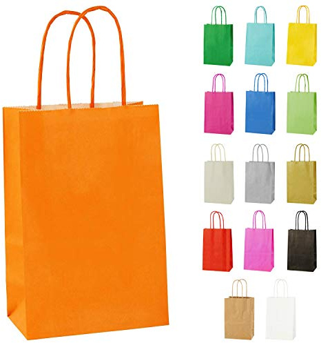 Thepaperbagstore 50 Orange x Small Paper Bags with Twist Handles 14x21x8cm | colour recyclable kraft, ideal for sweets, favours, gifts, weddings, birthdays, parties and events