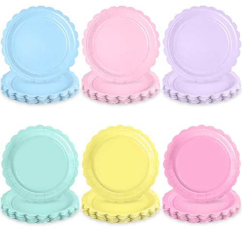 WNINK 72 Pcs Pastel Scalloped Plates 7 Inch Disposable Pastel Paper Plates Rainbow Party Decorations for Birthday Wedding Baby Shower Colorful Dessert Tableware