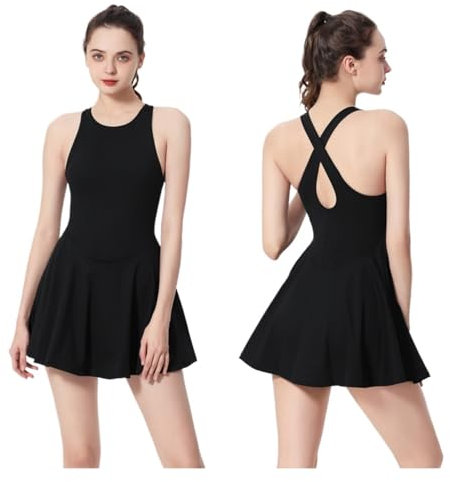 JTKSSCS Tenniskleid Frauen Tennis Kleid Yoga Anzug Outdoor Gym Sport Fitness Casual Rock Kleidung Training Anzug Golf Badminton Kleid Frauen Sportswear(Black,XL)