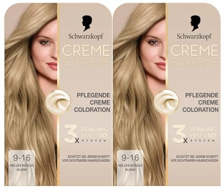 Schwarzkopf Creme Supreme Coloration 9-16 Helles Kühles Blond (2x182 ml), dauerhafte Haarfarbe mit Serum und Haar-Maske schützt vor sichtbaren Haarschäden, für 100% Grauabdeckung