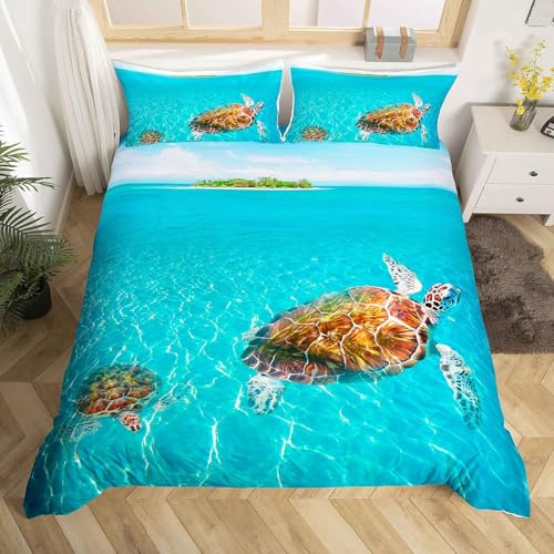 richhome Blaues Meer Bettwäsche, 3D, Schildkröte, Bettbezug, 140 x 200 cm, Hawaiian, Stranddekoration, Mikrofaser, Bettwäsche mit 1 Kissenbezug, Reißverschluss