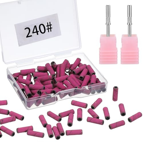 100 bandas de lijado de lima de uñas de grano fino extremo 240 (grano 240 rojo rosado) para taladro de uñas con broca de mandril de 3.1 mm, pequeñas bandas de lijado para uñas, mini banda de lijado de