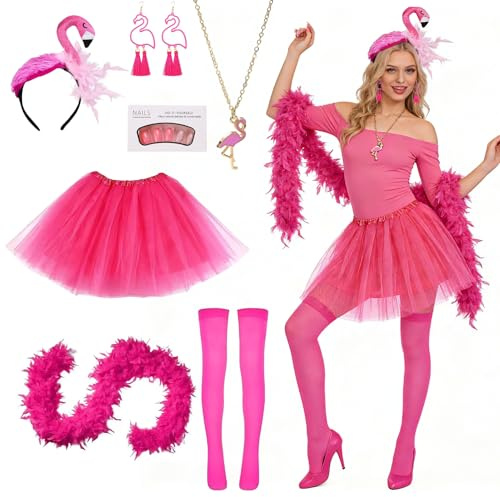 Moizkna Flamingo Kostüm Damen – Pinkes Flamingo Kostüm, faschingskostüme damen flamingo für Erwachsene mit Tüllrock & Flamingo-Accessoires | Fasching, Mottoparty, Karneval, Hawaii Party