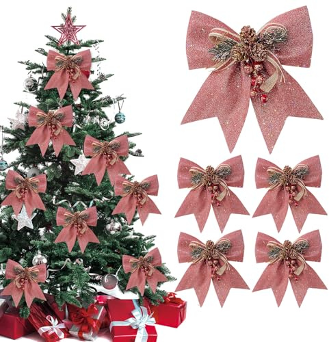 SilverChry Weihnachtsschleifen Rot – 5er-Pack Glitzer Weihnachten Schleifen, Schleifen Weihnachten Deko mit Tannenzapfen, Geschenkschleifen für Weihnachtsbäume, Partys, Geschenkboxen (Rosa)