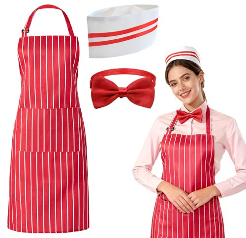XPJBKC Popcorn Kostüm Damen, 3PCS Schürze und Kochmütze Set, Kellner Koch Kostüm Küchenschürze mit Taschen Rot und Weiß Gestreift, Erwachsene Einstellbar Eisverkäufer kostüm für Karneval Cosplay