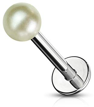 Paula & Fritz® Labret Piercing 8-mm 1,2-mm Lippenpiercing Stecker Ohr Silber Damen Herren Tragus Conch Kugel Stab Chirurgenstahl Perle Beige