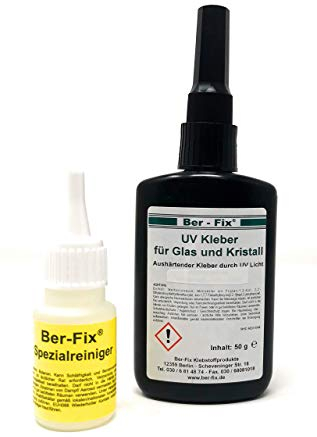 Ber-Fix UV Kleber DER Glaskleber für Glas Glas und Glas Metall 50g niedrigviskos 50mPas spaltfüllend bis 0,10 mm + Reiniger