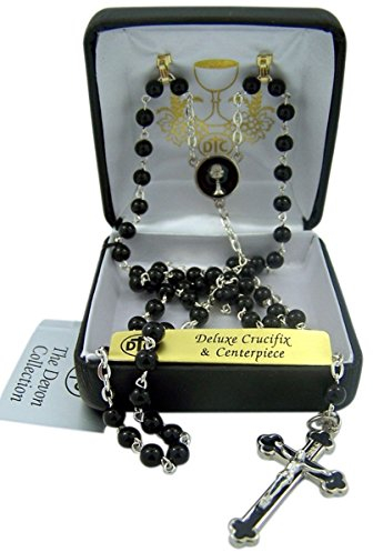 First Communion Black Prayer Bead Rosary with Enamel Chalice Centerpiece, 12 Inch