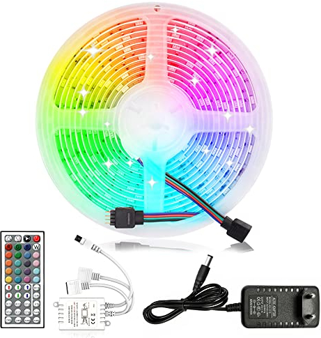 Arotelicht LED Streifen RGB Strip Kit, 12V 5M 5050SMD RGB LED Stripe Steuerbar Lichtleiste Lichterkette mit Netzteil 12V und 44 Tasten IR-Fernbedienung, 150LEDs Lichtband für Haus,Party,Hochzeit