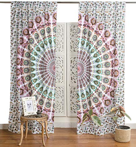 Popular Handicrafts Vorhang, indischer Hippie-Stil, Bohemian-Stil, Pfauen-Mandala, Weiß, Mehrfarbig