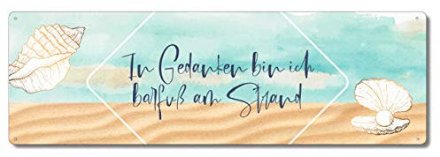 Interluxe Metallschild - In Gedanken Bin ich barfuß am Strand - wetterfestes Blechschild Fernweh Urlaub Meer See