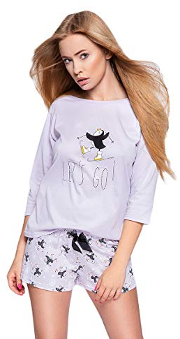 S& SENSIS stilvoller Baumwoll-Pyjama Shorty (Made in EU) Schlafanzug Hausanzug aus feinem Shirt und bequemer Hose (L, Flieder mit Pinguinen)