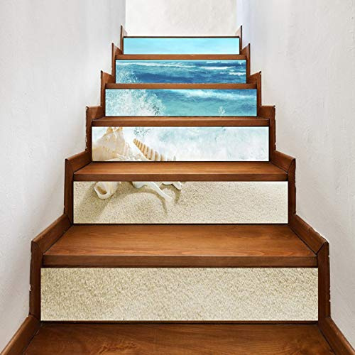 A.Monamour Treppenaufkleber Selbstklebend 3D Muschel Seestern Sandstrand Blauen Ozean Spritzwelle Vinyl Wasserdicht Treppe Aufkleber Fliesenaufkleber Abziehbilder Wandaufkleber Wandtattoos 6 Stücke