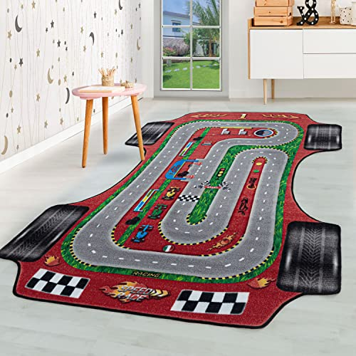 HomebyHome Kurzflor Kinderteppich für Jungen und Mädchen 160 x 230 cm Rot Grandprix Design - Waschbarer Teppich Extra Weich und Antiallergen - Teppich für Kinderzimmer, Babyzimmer und Spielzimmer