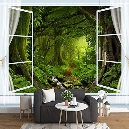 Papier Peint Grand Arbre Dans La Forêt À L'Extérieur De La Fenêtre: Trompe L Oeil | Déco Mural Tableaux Muraux Photo Mural Rustique Vintage Chambre Corridor Wallpaper-400x280cm