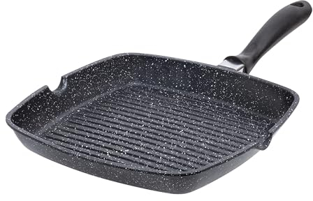 RESTO 93406 Grillpfanne 28*28cm, Bratpfanne, Eckpfanne mit Marmor-Antihaftbeschichtung – Quadratische Steak Pfanne mit Ausguss und Antiverformungsscheibe - Für alle Herdarten geeignet, auch Induktion