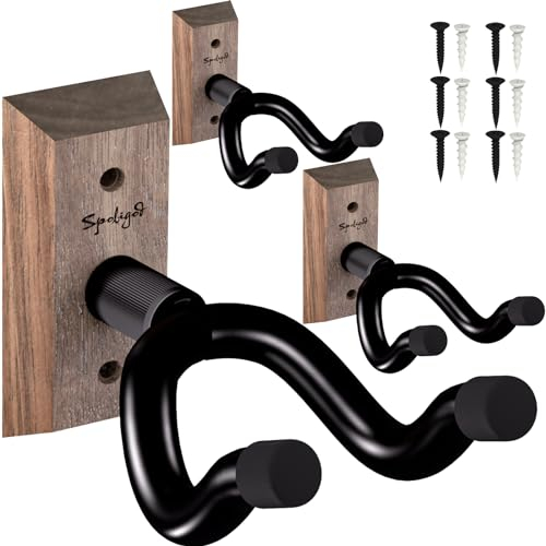 Guitar Wall Mount Hanger 3 Pack, Guitar Hanger,Black Walnut Guitar Hook Holder Stand for Acoustic Electric Bass Guitar Ukulele Mandolin at Home, Studio