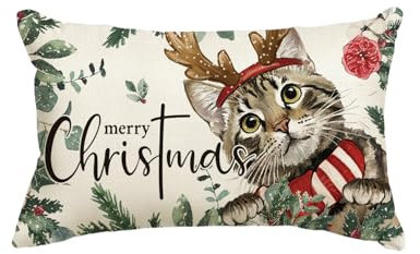 Artoid Mode Holly Blumen Katze Eukalyptus Merry Christmas Weihnachten Kissenbezug, 30x50 cm Winter Xmas Zierkissenbezug Couch Deko