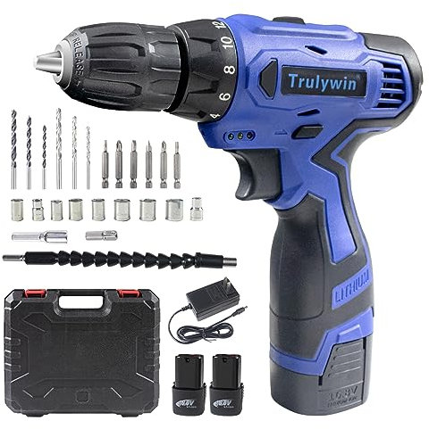 Avvitatore a batteria da 21V con 2*batterie, trapano a batteria 18+1 passi di coppia, coppia massima 26Nm, 2 velocità LED per gli appassionati di bricolage e foratura di pareti, legno, metallo