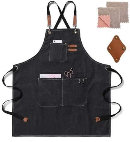 crazy bean Grillschürze für Männer Damen Verstellbare Arbeitsschürze mit 3 Taschen Kreuz Zurück Kochschürze für Küche Restaurant Café Schwarz