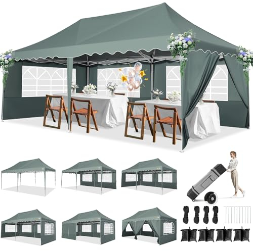 HOTEEL Gazebo 3x6, Gazebo Da Giardino Tendone Per Feste Gazebo 3x6 Pieghevole Impermeabile Protezione UV Con Pareti, Con Sacchi Di Sabbia, Borsa Con Ruote, Grigio