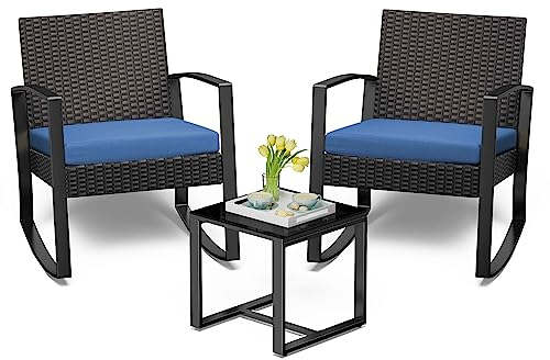 Bealife set di mobili da balcone in rattan 2 persone, set di mobili da balcone, set da balcone 3 pezzi per portici, cortili, terrazzi, balconi, bordo piscina (Blu)