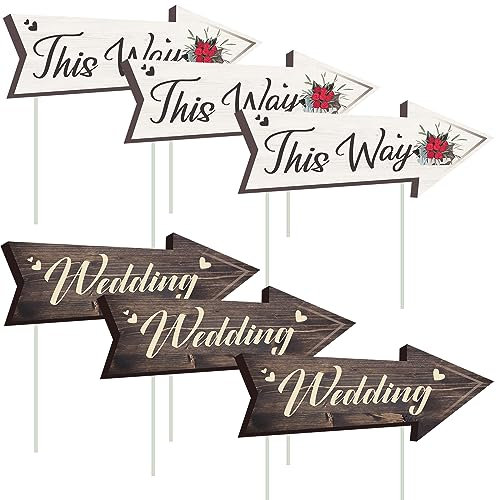 MANOPAWS Lot de 6 panneaux de signalisation directionnelle de mariage - Impression double face - Panneau de direction de flèche de mariage - Panneau de bienvenue avec piles pour cérémonie de pelouse
