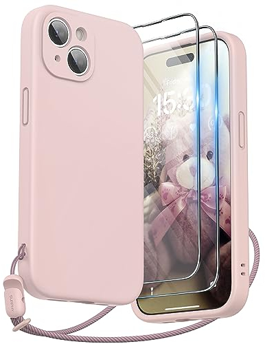 SURPHY Cover Silicone Liquido Compatibile con iPhone 15 (6,1) con 2 *Vetro Temperato e Cordino, Silicone Custodia per iphone 15,Protezione Fotocamera, Rosa sabbia
