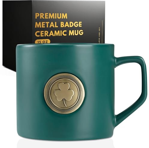 Onebttl Irish Gifts for Men, Women, Shamrock Irish Coffee Mug with Golden Badge, 15oz/450ml Ireland Gift Mug for Christmas, St. Patrick's Day for Friends Coworker Teacher