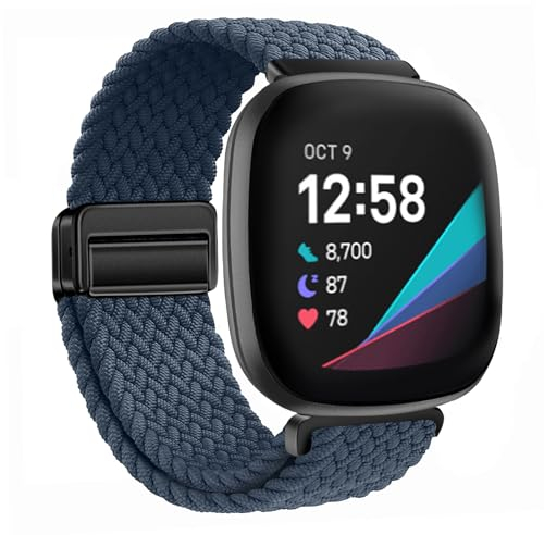 XMUXI Geflochtene Uhrenarmband Kompatibel mit Fitbit Sense 2/Sense/Fitbit Versa 4/Versa 3 Armband Damen Herren, Magnet Nylon Elastisches Ersatzarmband for Fitbit Armband, Navy Blau