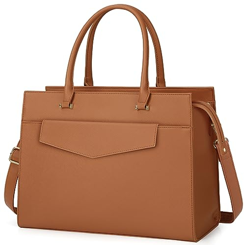 RAINSMORE Handtasche Damen Umhängetasche Shopper Damen Groß PU Leder Wasserdicht Laptoptasche Damen 15.6 Zoll Arbeitstasche für Business Arbeit Büro Schule Braun