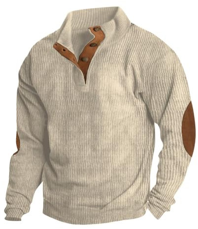 Generisch Pullover Für Herren, Sweatshirt Outdoor Einfarbig Pullover Stehkragen Button Patchwork Classic Coat Sweater Winter Casual Pulli Langarm Plaid Tops Männer Pullover (M, White)