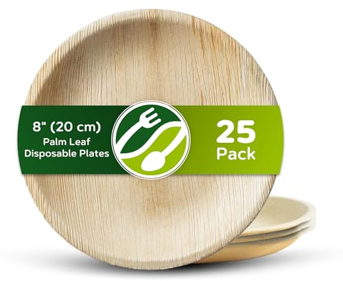 ECO Leaf - 25 platos desechables de hoja de palma, platos redondos compostables de 8 pulgadas, ecológicos, biodegradables, resistentes para bodas, fiestas y picnic, aptos para microondas y horno, 25