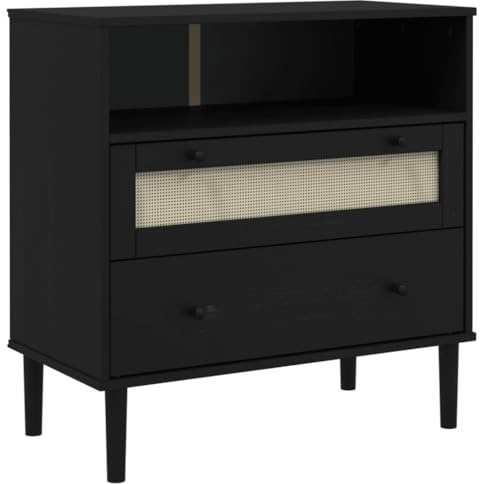 vidaXL Sideboard, Kommode Rattan-Optik, Beistellschrank mit Stauraum für Wohnzimmer, Anrichte Mehrzweckschrank Highboard, Schwarz Massivholz Kiefer
