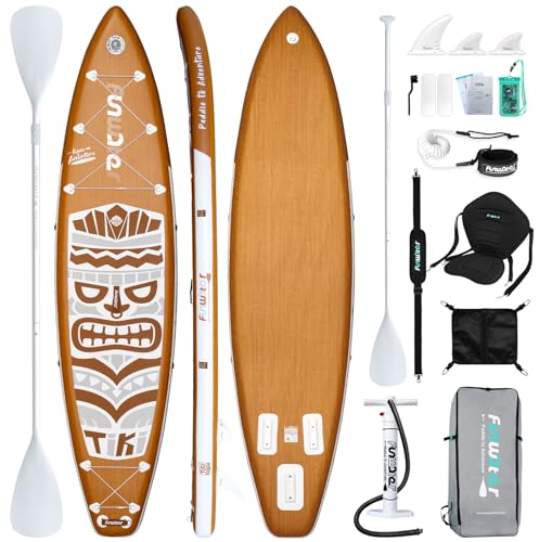 FunWater 350 & 320 cm Stand Up Paddling Board Inflatable SUP Paddle Board Aufblasbar mit Sitz, Paddel, Pumpe, Tragegurt, Deckbag, Für Alle Könnensstufen (350CM WALNUSSHOLZ-Tiki WEIß)