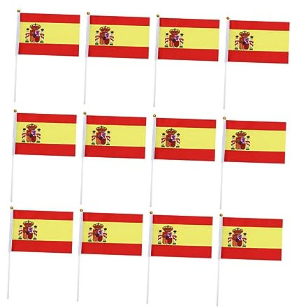 FUNOMOCYA Banderas De Mano De España 14x21 Cm Para Fiestas y Eventos, Pack De 50 Unidades, Banderas De Poliéster Duradero Varillas De Plástico, Portátiles y Fáciles De Usar