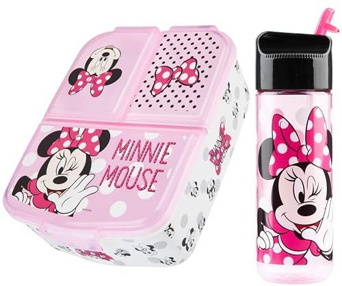 Disney Fiambrera Infantil con Compartimentos y Botella de Agua - Regalo Niña (Rosa)