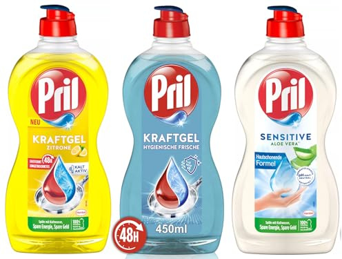 PRIL-Set Kraftgel 1x Zitrone & 1x Hygienische Frische & 1x Sensitive Aloe Vera, Handgeschirrspülmittel-Set mit hoher Fettlösekraft, für sauberes Geschirr, 3x 450ml