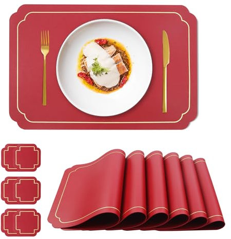 fanquare Ensemble de Sets de Table et Dessous de Verre en Simili Cuir rectangulaires Rouges avec Bordure dorée Résistants à la Chaleur, Parfaits pour la décoration de Table de Cuisine 45x30cm